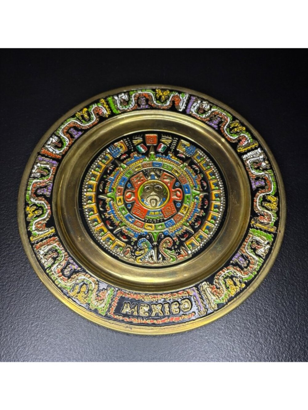 Vintage Mayan Aztec Sun Calendar Plate Brass Enamel Mexico Intricate Raised Art